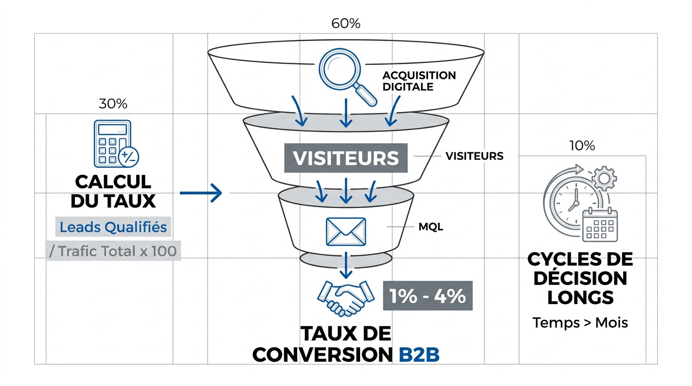 Schéma de l'entonnoir de conversion B2B montrant le passage des visiteurs aux leads qualifiés