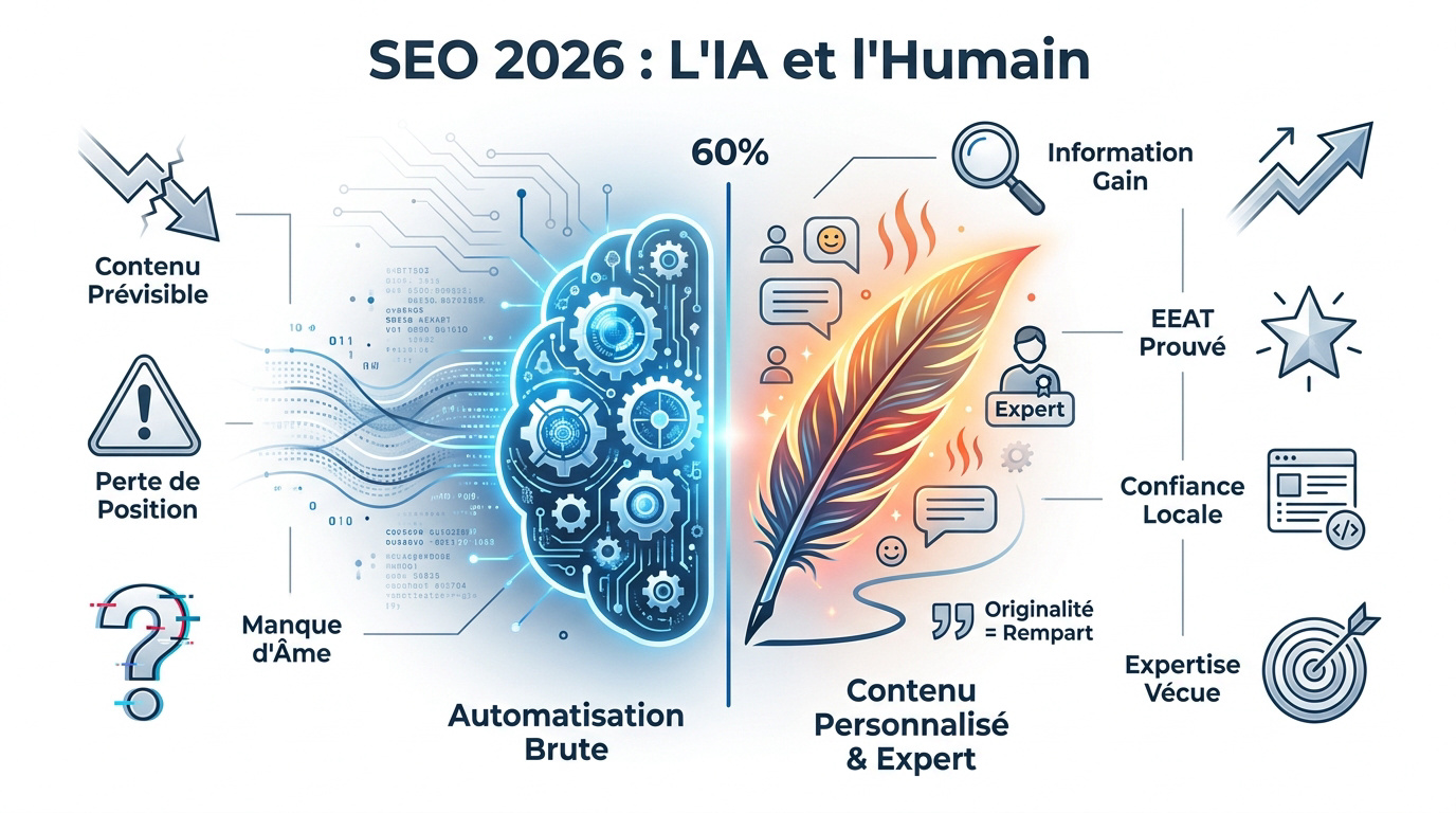 Illustration de l'équilibre entre intelligence artificielle et expertise humaine pour le SEO en 2026